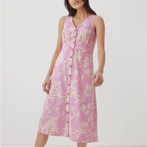 Pact Womens Large Pink White Floral Button Front Midi Dress Linen Blend